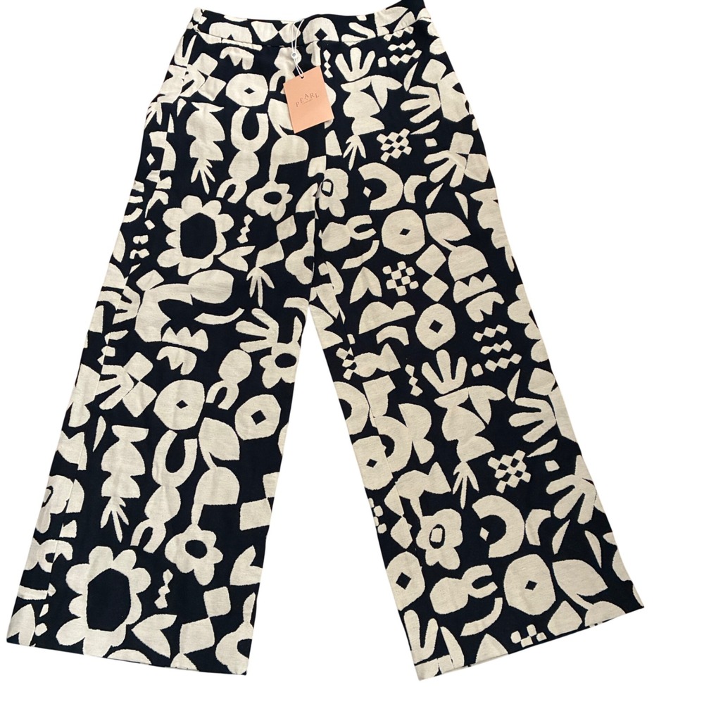 NWT Pearl by Lela Rose Lynn Pant Desert Jacquard Black Beige Wide Leg Size 6